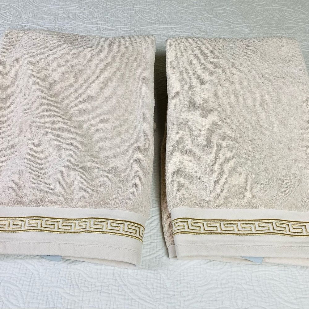 Luxurious Vtg Cream Bath Towels with Gold Greek Embroidered Accent